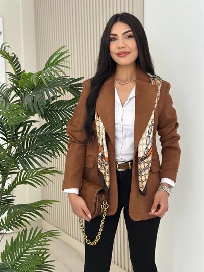 Süet Oversıze Astarlı Tek Düğme Ceket Taba