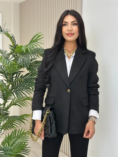 Süet Oversıze Astarlı Tek Düğme Ceket Siyah