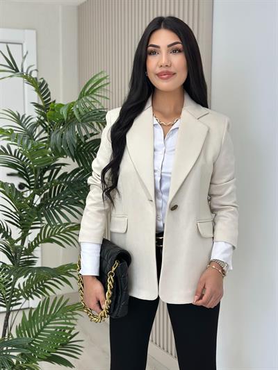 Süet Oversıze Astarlı Tek Düğme Ceket Bej