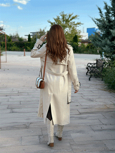 Süet Uzun Kemerli Kaban Bej