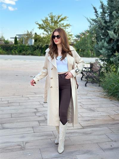 Süet Uzun Kemerli Kaban Bej