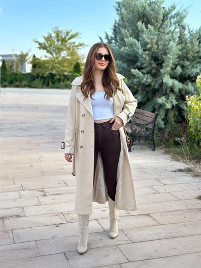 Süet Uzun Kemerli Kaban Bej