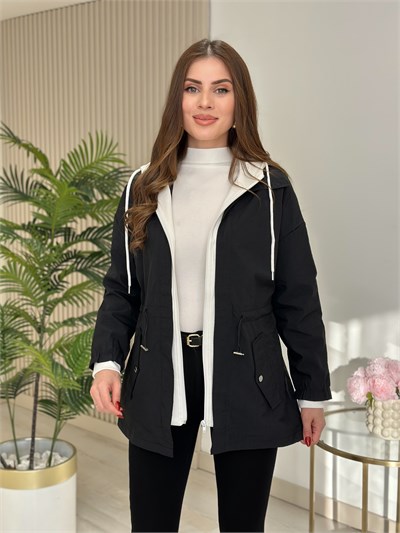 Sweat Miksli Kapşonlu Beli Bağlamalı Trençkot Siyah
