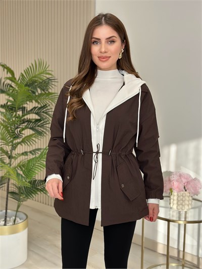 Sweat Miksli Kapşonlu Beli Bağlamalı Trençkot Kahve