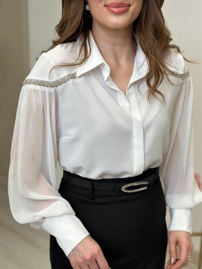 Taş Detaylı Tül Kol Premium Seri Beyaz Gömlek