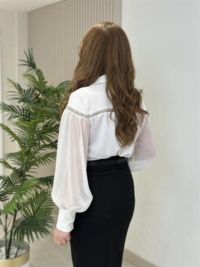 Taş Detaylı Tül Kol Premium Seri Beyaz Gömlek