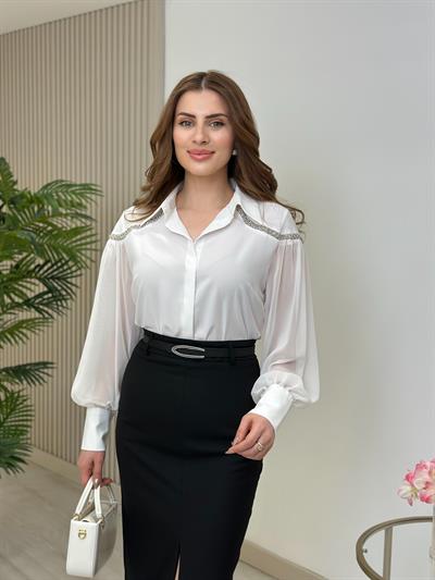 Taş Detaylı Tül Kol Premium Seri Beyaz Gömlek