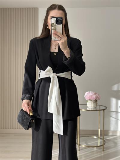 Tasarım Beli Bağlama Detaylı Blazer Ceket Siyah 