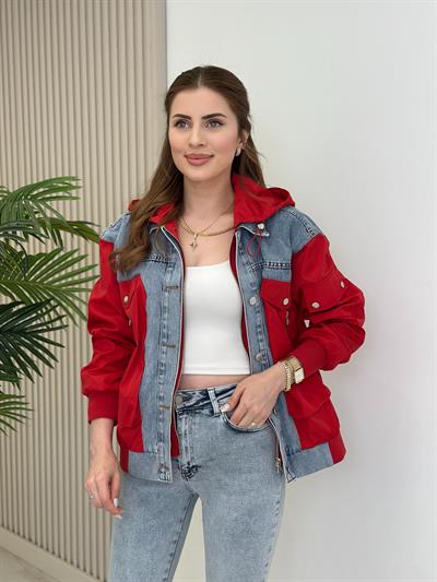 Tasarım Kot Detay Ceket Kırmızı