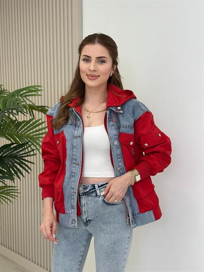 Tasarım Kot Detay Ceket Kırmızı