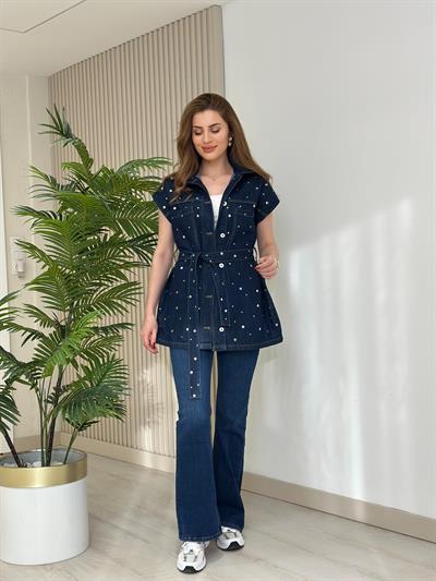 Tasarım Zımbalı Jean Yelek Lacivert