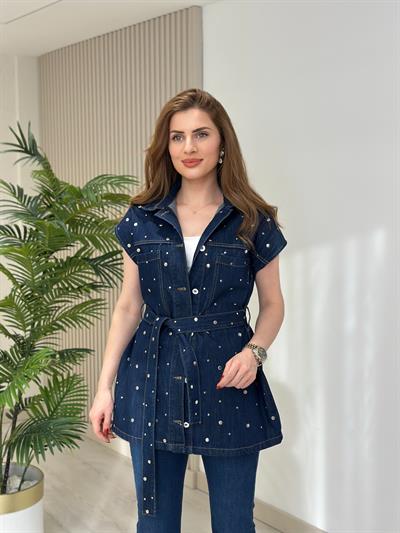 Tasarım Zımbalı Jean Yelek Lacivert