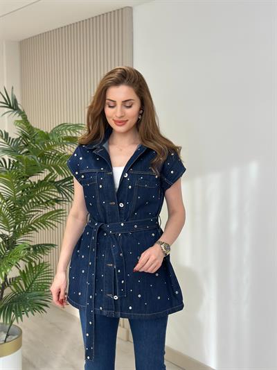 Tasarım Zımbalı Jean Yelek Lacivert