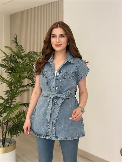 Tasarım Zımbalı Jean Yelek Buz Mavi