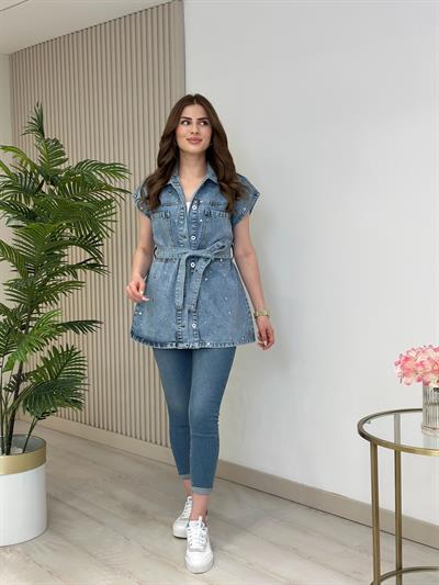 Tasarım Zımbalı Jean Yelek Buz Mavi