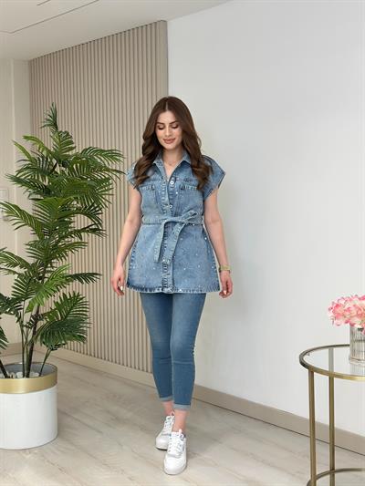 Tasarım Zımbalı Jean Yelek Buz Mavi