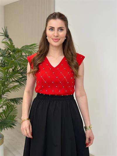 Taşlı Baklava Desen Merserize Kırmızı