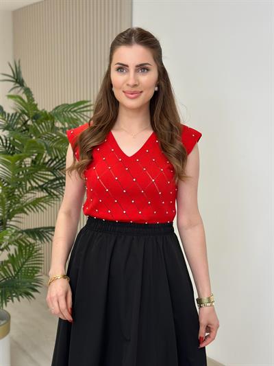 Taşlı Baklava Desen Merserize Kırmızı