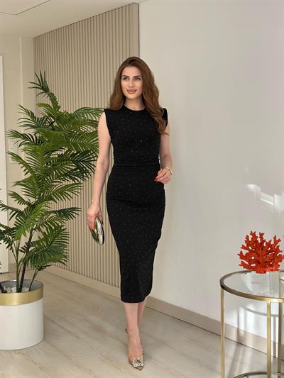 Taşlı Beli Drapeli Kalem Elbise Siyah