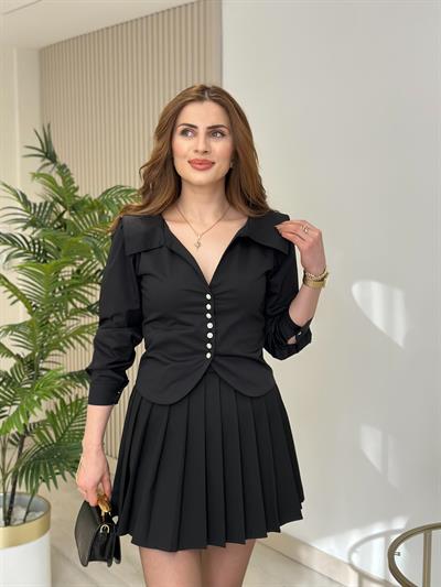 Taşlı Düğme Detaylı Likralı Poplin Kumaş Gömlek Siyah