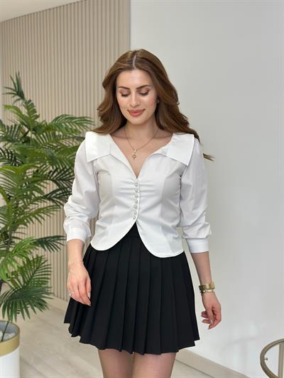 Taşlı Düğme Detaylı Likralı Poplin Kumaş Gömlek Beyaz