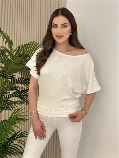 Taşlı Kayık Yaka Modal Kumaş Bluz Beyaz