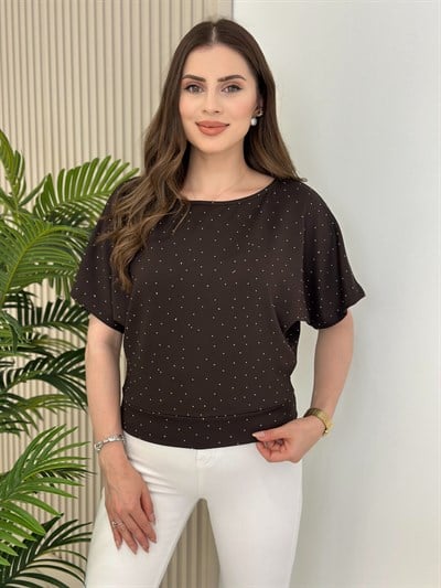 Taşlı Kayık Yaka Modal Kumaş Bluz Kahve