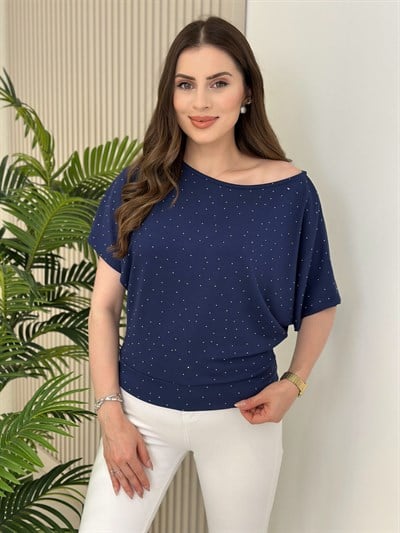 Taşlı Kayık Yaka Modal Kumaş Bluz Lacivert