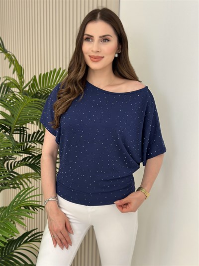 Taşlı Kayık Yaka Modal Kumaş Bluz Lacivert