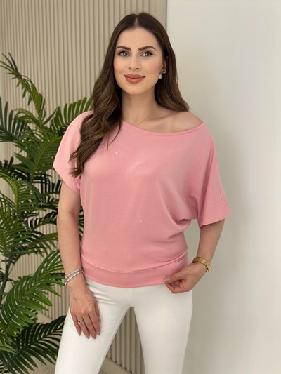 Taşlı Kayık Yaka Modal Kumaş Bluz Pembe