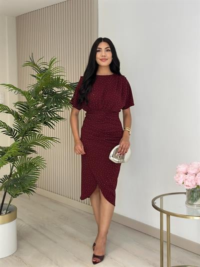 Taşlı Kısa Kollu Anvelop Elbise Bordo
