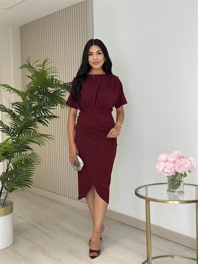Taşlı Kısa Kollu Anvelop Elbise Bordo