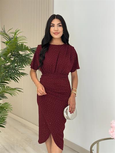 Taşlı Kısa Kollu Anvelop Elbise Bordo