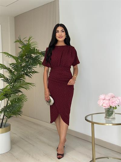 Taşlı Kısa Kollu Anvelop Elbise Bordo
