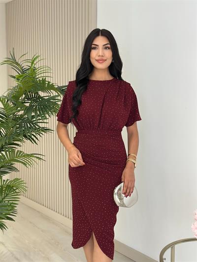 Taşlı Kısa Kollu Anvelop Elbise Bordo