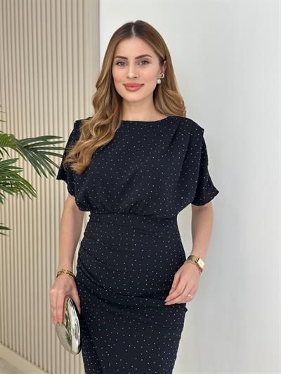 Taşlı Kısa Kollu Anvelop Elbise Lacivert