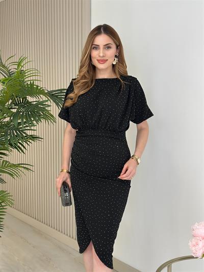 Taşlı Kısa Kollu Anvelop Elbise Siyah