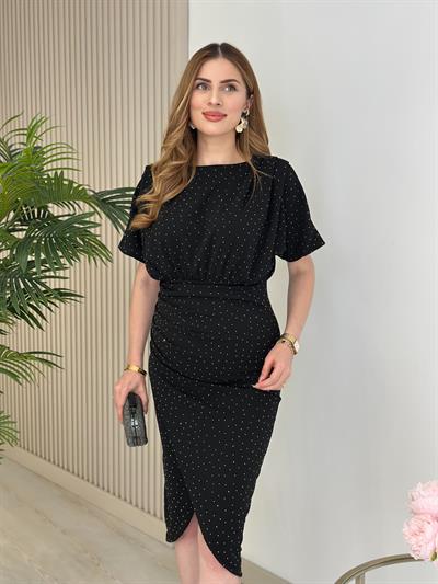 Taşlı Kısa Kollu Anvelop Elbise Siyah