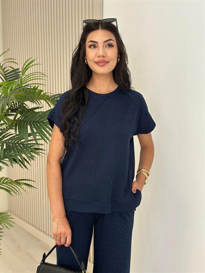 Taşlı Modal Kumaş Takım Lacivert 