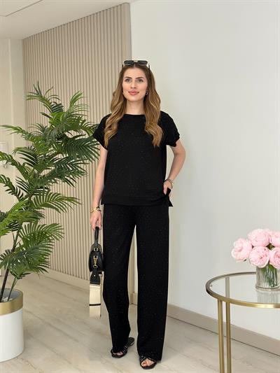 Taşlı Modal Kumaş Takım Siyah