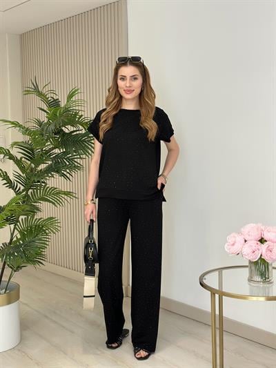 Taşlı Modal Kumaş Takım Siyah