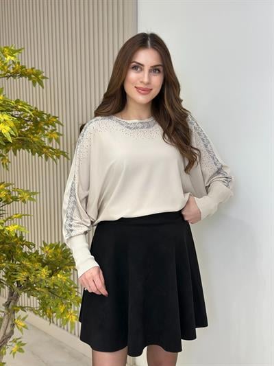 Taşlı Yarasa Kol Rahat Kalıp Triko Bej