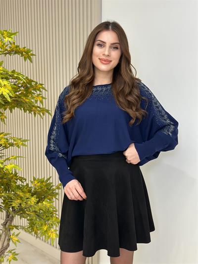 Taşlı Yarasa Kol Rahat Kalıp Triko Lacivert