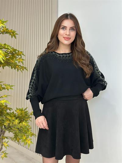 Taşlı Yarasa Kol Rahat Kalıp Triko Siyah