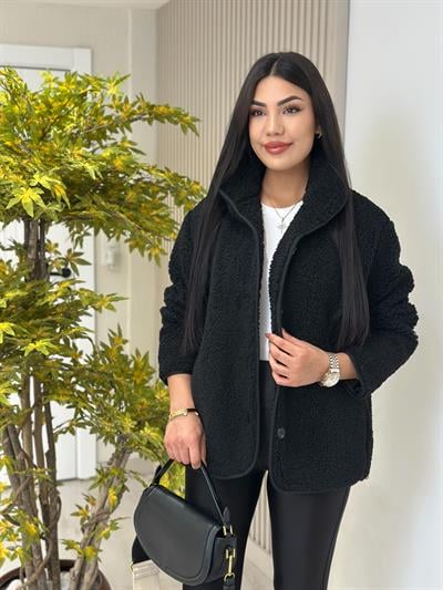 Teddy Önü Düğmeli Dik Yaka Biker Mont Siyah