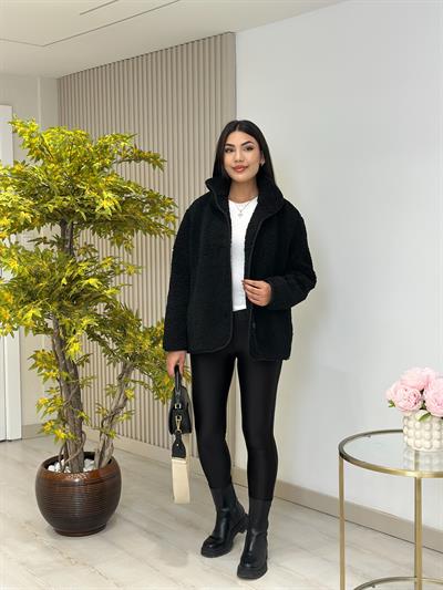 Teddy Önü Düğmeli Dik Yaka Biker Mont Siyah