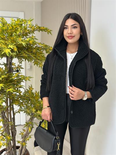 Teddy Önü Düğmeli Dik Yaka Biker Mont Siyah