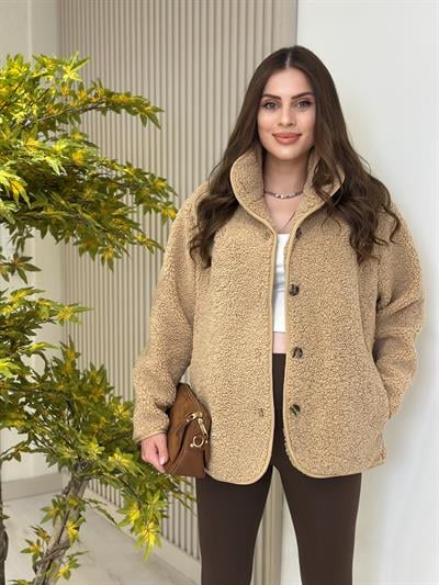 Teddy Önü Düğmeli Dik Yaka Mont Camel