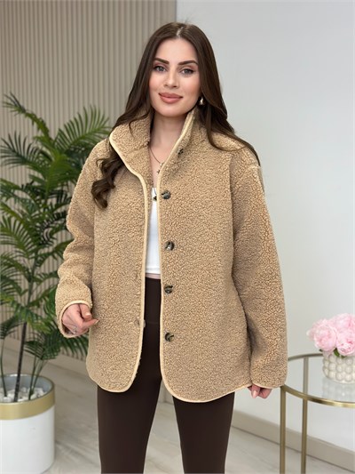 Teddy Önü Düğmeli Dik Yaka Mont Camel