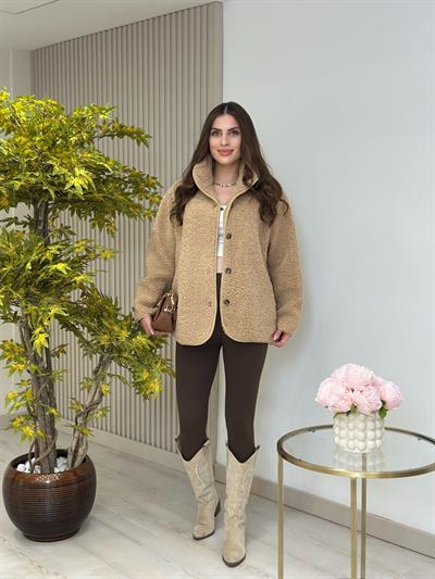 Teddy Önü Düğmeli Dik Yaka Mont Camel